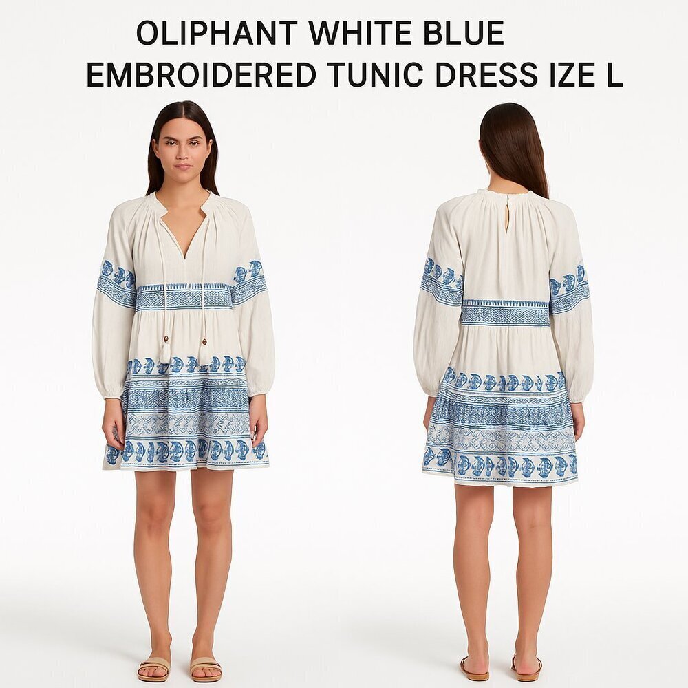 OLIPHANT WHITE BLUE EMBROIDERED TUNIC DRESS SIZE L